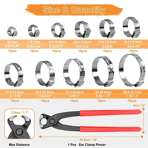 Pro Grade 120 Pcs Ear Hose Clamp Kit With 11 Sizes From 6 To 33.1mm Stepless Cinch Rings Crimp Assortment In 304 Stainless Steel And An Ear Clamp Pincer For Securing Pipes Or Hoses Hydencamm