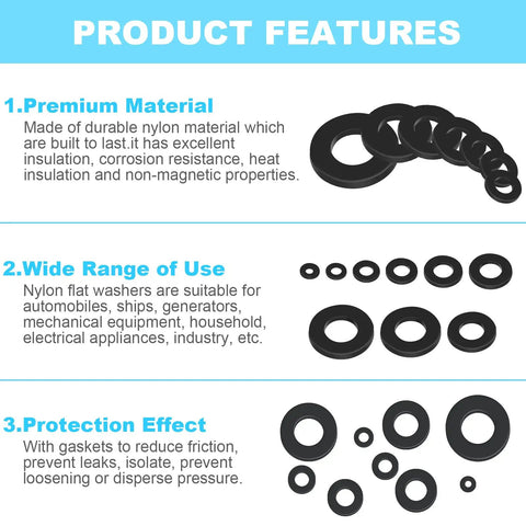 Image showing product features of Premium Nylon Flat Washers Set With 1200 Pcs In 9 Sizes M2, M2.5, M3, M4, M5, M6, M8, M10, M12.