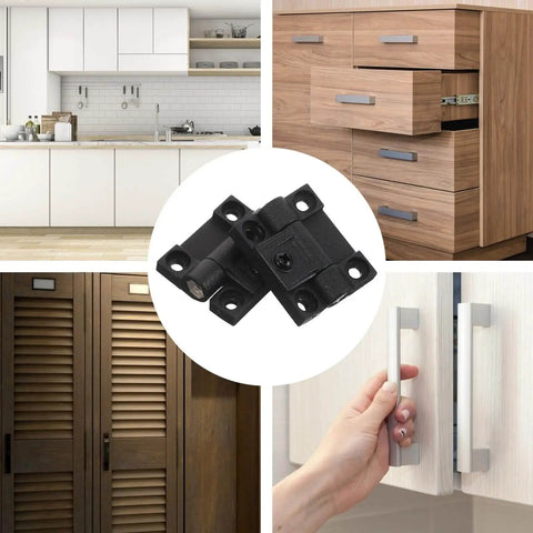90 Degree Adjustable Plastic Cabinet Hinges With Torque Positioning, shown installed on kitchen and office furniture.