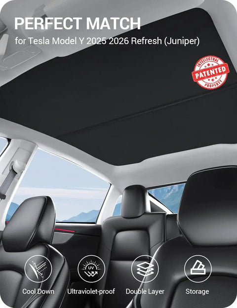 Interior view of Model Y Juniper Sunshade Roof Cover 2025 2026 No Gap Foldable Heat Insulation UV installed in vehicle.