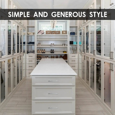 Spacious modern closet with white cabinets featuring 50 Pack 6 Inch Brushed Stainless Steel Cabinet Pulls With Three And Three Quarters Inches Center To Center Spacing Includes 100 Screws For Easy Replacement Of Kitchen Drawers And Cabinet Doors.