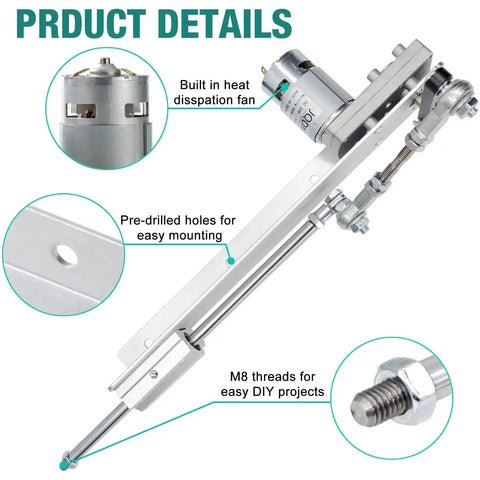 24V Adjustable Reciprocating Linear Actuator With Telescoping Stroke, 120 RPM, product details with motor, mounting holes, M8 threads close-up