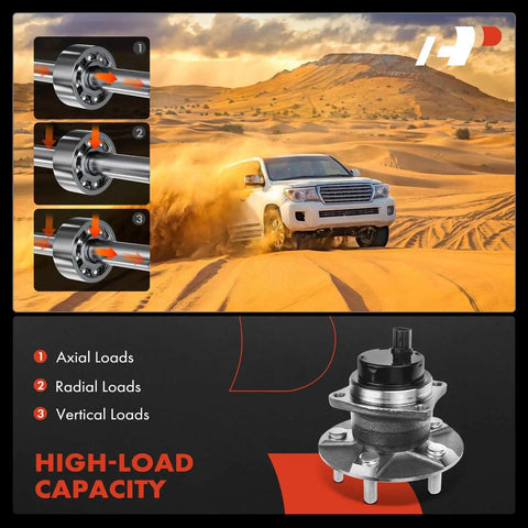 Diagram showing load capacity and a vehicle in desert for Rear Wheel Bearing And Hub Assembly Set With ABS For Toyota Corolla Matrix Prius Vibe 2003 To 2008 2004 To 2009 Five Lug Pattern FWD Only 4 Wheel ABS Ready To Roll Kit.