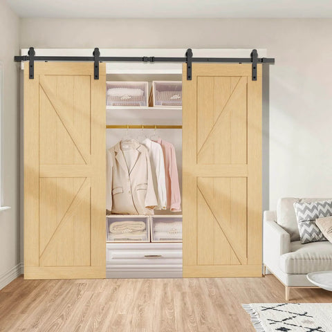 13 Foot Sliding Barn Door Hardware Kit For Double Doors Heavy Duty Track System With Quiet Rollers installed in living room