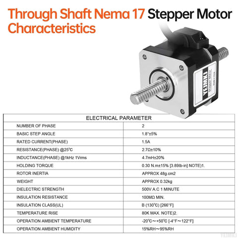 Diagram and specifications of Through Shaft Nema 17 Stepper Motor TR8x8 100mm 1.8 Degree Two Phase High Torque