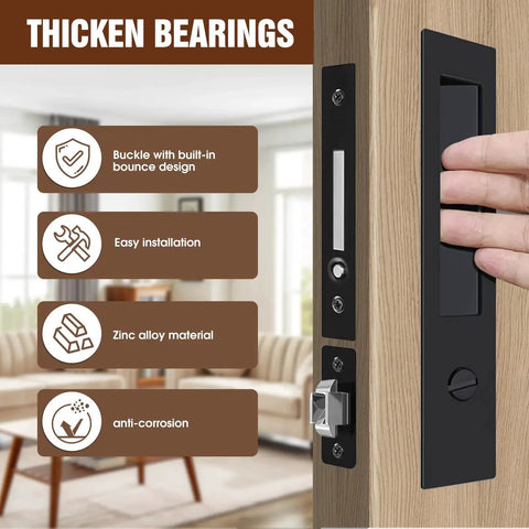 Pocket Door Lock Set With Edge Pulls And Hidden Handles For Sliding Doors Black Privacy Finish Fits Doors From One And Five Twelfths Inch To Two And Two Eighths Inch Thick Durable Pocket Door Hardware For Smooth Operation And Secure Privacy, shown installed on a wooden door showcasing easy installation and anti-corrosion features.