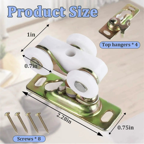 4Pcs Sliding Pocket Door Rollers Assembly For Hardware Kit Replacement With Top Hanger, shown with dimensions and components.