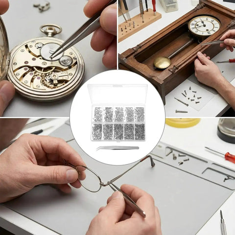 Ultra Handy Micro Screw Repair Kit For Glasses, Watches, Phones And Electronics, shown in use on pocket watch, clock, and glasses repair.