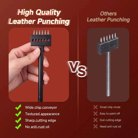 Comparison of high quality leather punch with three piece prong punch tool set for leather crafting round hole punches in one quarter inch three eighths inch and one half inch durable steel and leather build pro grade great for diy diamond lacing and stitching includes 6mm row hole punch for precise and standard punch highlighting wide chip conveyor with sharp cutting edge.