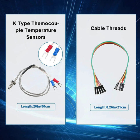 Four Pack Max6675 Thermocouple Module And K Type Temperature Sensor Kit with cables displayed, sensor length 20in, cables 8.26in.