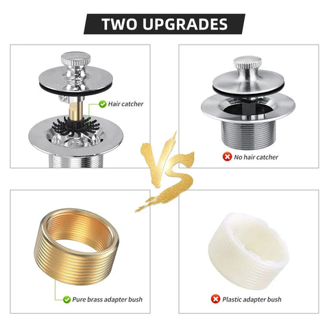 All Metal Lift And Turn Bathtub Drain Kit With Two Hole Overflow Faceplate Corrosion Resistant Chrome Plated Replacement Tub Drain Trim Set For Fine And Coarse Thread Conversion Fits One Three Eighths Inch And One Half Inch Tub Elbows, showing hair catcher and adapter bush options.