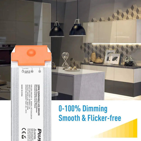 120W Dimmable LED Driver 24V AC To DC Power Supply for dimming 24V LED lights, shown installed in modern home theater setting