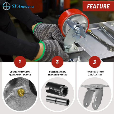 Five Inch By Two Inch Caster Set Of Four Heavy Duty Industrial Casters With Non Marking Polyurethane Tread On Silver Cast Iron Core