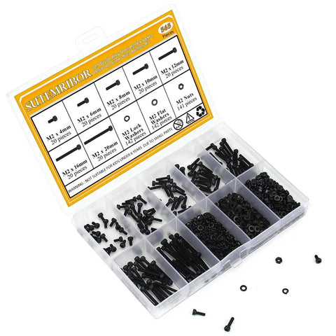 565 Piece M2 Hex Socket Head Cap Screws Nuts Washers Set Black Fully Threaded With M2 Four To Twenty Millimeter Sizes Lock And Flat Washers 12.9 Grade Alloy Steel The Go To Kit For DIY Projects And Repairs in a compartmentalized clear box