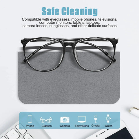 Gray microfiber cloth with eyeglasses, part of a Six Pack Microfiber Cleaning Cloths For Screens Lenses And Glasses 6x6 Gray set.