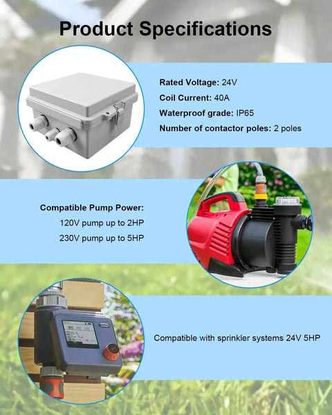 40 Amp 24V Irrigation Pump Start Relay For Sprinkler Controller System With Waterproof Box 2 Pole AC Contactor Compatible With 2HP To 5HP Pumps