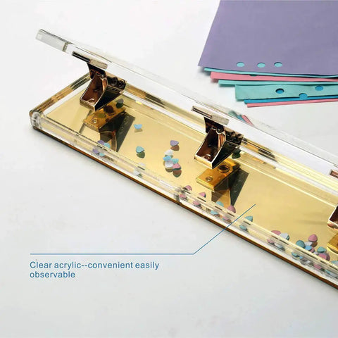 Clear Acrylic 3 Hole Punch For 10 Sheets With Four And A Quarter Inch Hole Spacing Gold Accents Easy No Fuss Desktop Puncher