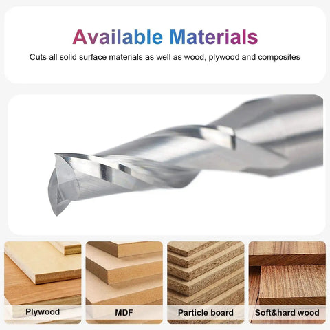 Close-up of Upcut Spiral Router Bits For Woodworking, Three Eighths Inch Cutting Diameter with material examples, HRC55 Solid Carbide CNC End Mill.