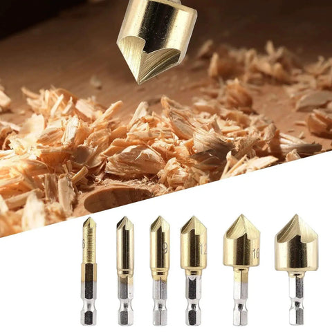 Six Piece Countersink Drill Bit Set With Three Flute 90 Degree Bits, Titanium HSS Chamfering Tools For Metal And Wood displayed on wood shavings