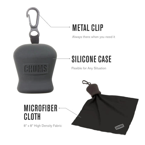 EV Green Microfiber Lens Cloth With Clip Keychain, featuring a black silicone pouch and metal clip, ideal for cameras and screens.