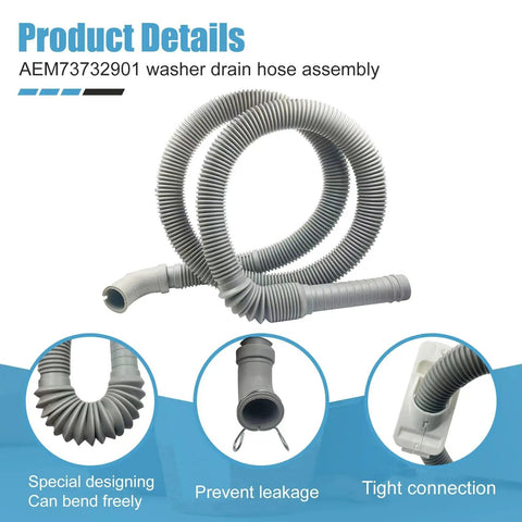 Gray corrugated washer drain hose with end fittings; views show coil, end connector, and hose attached to washer.