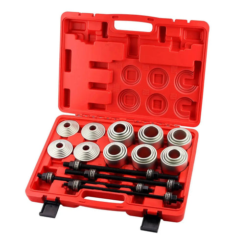 28 Piece Press And Pull Sleeve Kit for Bushing Bearing and Seal Removal in red case, includes sockets and rods for 44-60 mm maintenance.