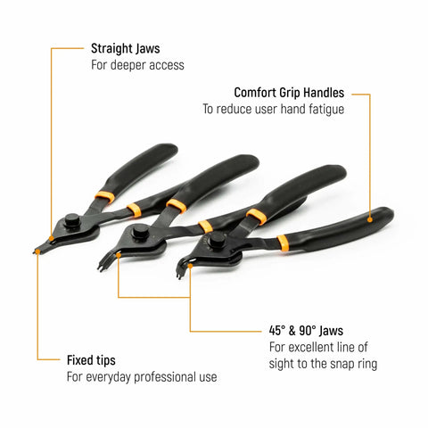 12 Piece Snap Ring Pliers Set With Straight, 45 Degree And 90 Degree Jaws For Deep Access, showcasing ergonomic handles and fixed tips.