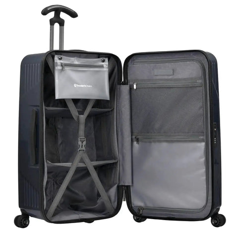 Ultimax II 26 Inch Medium Trunk Spinner Luggage With Tie Down Straps Matte Navy Durable Polycarbonate Hardshell TSA Approved Lock open view