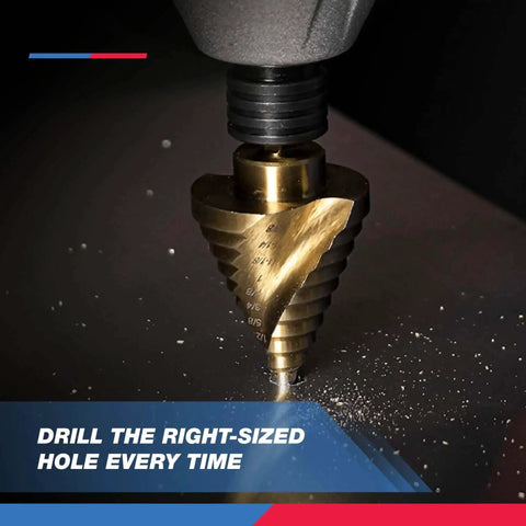 Pro Grade Step Drill Bit Set 3 Piece With 31 Sizes For Stainless Steel Metal Wood Plastic Spiral Grooved For Faster Drilling Titanium Nitride Coated High Speed Steel NEIKO used on metal surface