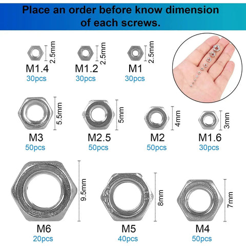 Diagram of Massive 380Pcs Hex Nuts Set with Metric M1 to M6 sizes and quantity for DIY projects, includes detailed screw size guide.