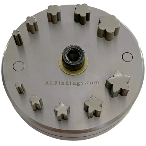 Five Petal Flower Disc Cutter Set Of Ten For Jewelry Making And Metalworking, 5mm To 16mm Diameter, visible on metal disc