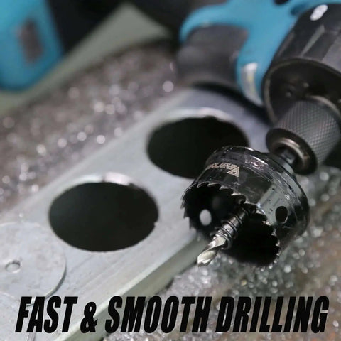 Beefy Bi-Metal Hole Saw Kit 3-Piece Set 7/8 To 1-3/8 Inch M42 Cobalt Teeth with Arbors drilling clean holes in metal sheet.