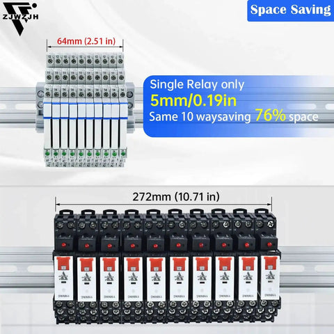 Image showing Ultra Compact 24V Electromagnetic Relay 1 Form C SPDT 1NO 1NC 6A installed on DIN rail, highlighting space-saving design.