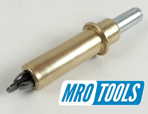 Close-up of a brass Cleco fastener from Beginner Cleco Sheet Metal Fastener Kit With Pliers And Mesh Carry Bag Includes 1 8th Inch, 3 16th Inch, 3 32nd Inch And 5 32nd Inch Cleco Fasteners Made In USA Ideal For Automotive Body Work And Repair Colors Copper Brass Zinc Black