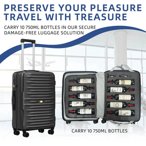Wine Lovers 10 Bottle Travel Case With TSA Lock And Silent Spinner Wheels Durable Black Luggage With Removable Inserts
