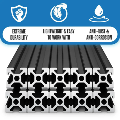 Aluminum Extrusion T Slot Rail 20x20mm 1220mm Kit For 3D Printer CNC Framing And DIY Projects, showing black T-slot rails