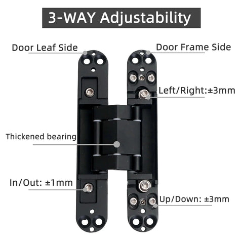 Hidden Door Hinges Heavy Duty Black Zinc Alloy 6 Inch By 2.5 Inch By 1 Inch Concealed Hinges 180 Degree Swing With 3 Way