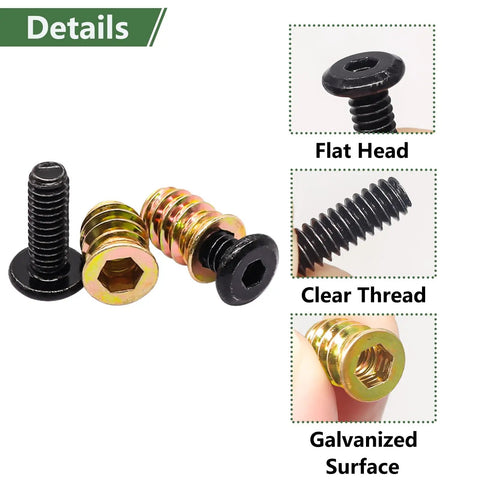 Details of 60Pcs Wood Threaded Inserts Kit With 1/4-20 x 3/4 Inch Screws, flat head, clear thread, and galvanized surface.