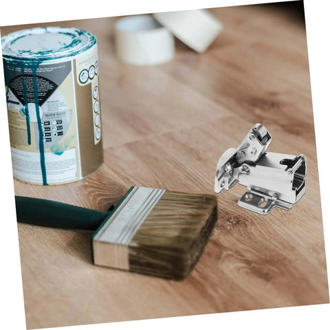 Soft Close Cabinet Hinges With Quiet Damping For Full Overlay Kitchen Cabinets And Face Frame Hardware 2 Pack Durable Steel Silver Finish Ideal For Wardrobes And Shoe Cabinets Easy To Install next to paint can and brush on wooden floor