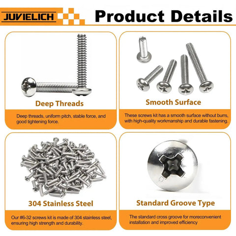 304 Stainless Steel Size 6-32 UNC Phillips Pan Head Machine Screws Assortment Kit In Ten Sizes From 3/16 Inch To 1-1/2 Inch For Cabinet Drawer Knob Pulls Pro Grade Hardware For Quick Fixes showing deep threads, smooth surface, material details, and screw head design.