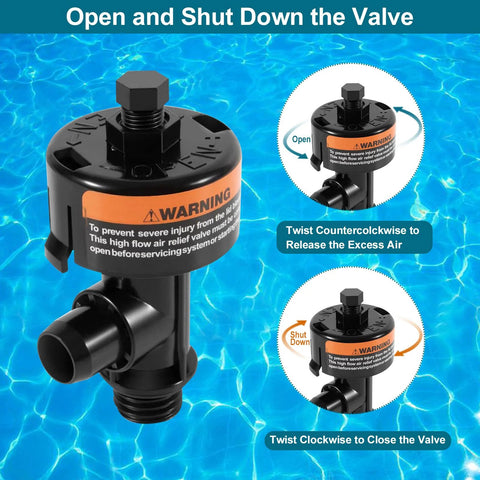 Front view of pool air relief valve, black plastic with orange warning band, 60 psi for pool filters and pumps.