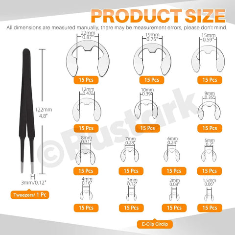 Diagram showing Stainless Steel E Clip External Retaining Ring Set 211Pcs Assortment in 14 Sizes with Tweezers, details for gears, pulleys, axles.