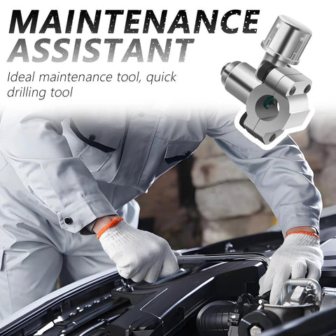 Bullet piercing valve kit; silver metal component shown in top-right of mechanic working on car engine