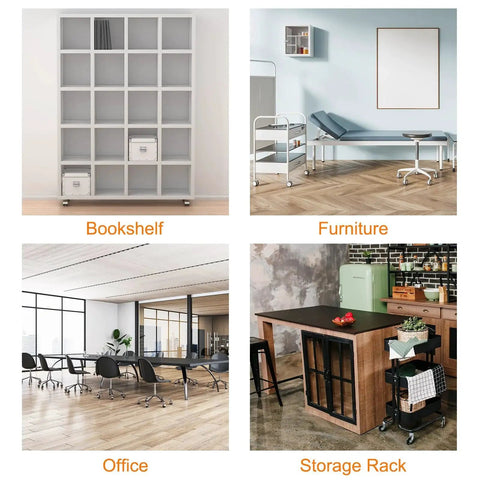 Collage of spaces using 1.56 Inch Ball Caster Wheels Set Of 4 With Threaded Stem 360 Degree Movable Rotatable Castors For Furniture PP And Metal Construction In Electrophoretic Black Finish Ideal For Heavy Duty Furniture And Home Use With Smooth Quiet Operation And Easy. Images include bookshelf, furniture, office, and storage rack setups.