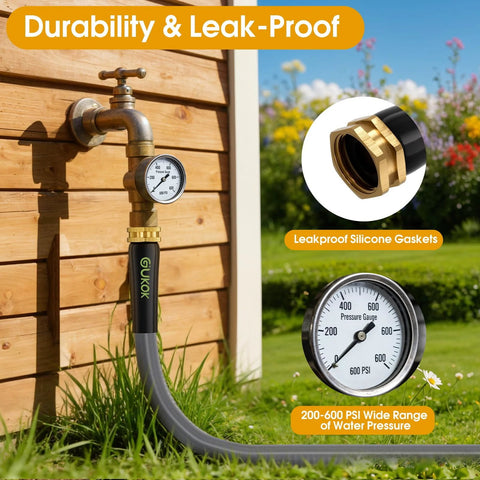 GUKOK garden hose, 100 ft gray flexible hose with brass fittings and built-in pressure gauge.