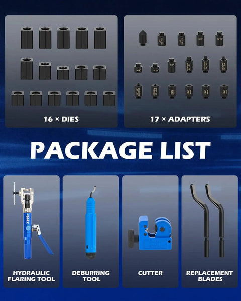 Contents of Universal Hydraulic Flaring Tool Kit With Tubing Cutter And 45 Degree ISO Flare showing dies, adapters, and tools.