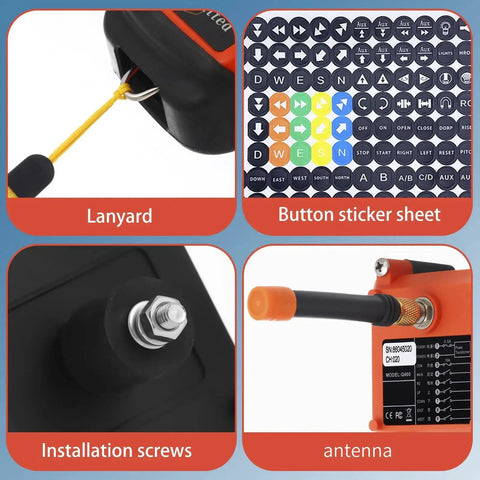 Close-up of Wireless Crane Remote Control 2 Channel 110V Transmitter Receiver components: lanyard, button stickers, screws, antenna.