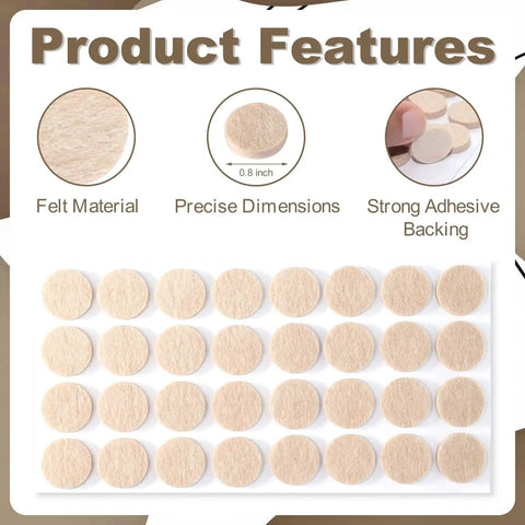 Image of Self-Adhesive 0.8 Inch Felt Chair Leg Pads 96 Pcs Beige For Floor Protection detailing felt material, precision size, and adhesive backing.