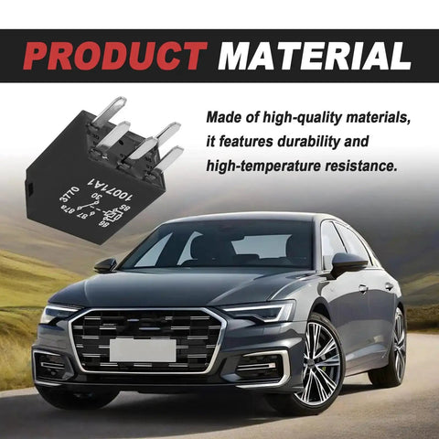 Beefy 12V Five Pin Car Fuel Pump Relay Kit Universal Auto Relay Replacement shown with a sleek modern car background