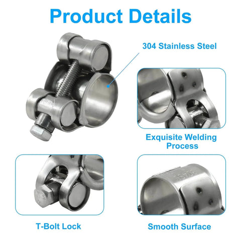 6 Pcs T Bolt Hose Clamp Set 17 To 19 Mm 304 Stainless Steel Adjustable Tube Clamps Heavy Duty Turbo Pipe Clamps With Socket Wrench